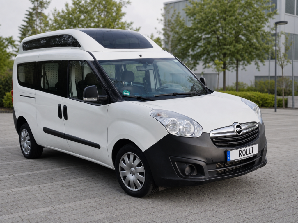 Rollstuhlgerechter Opel Combo mit Kennzeichen ROLLI auf einem neutralen Parkplatz