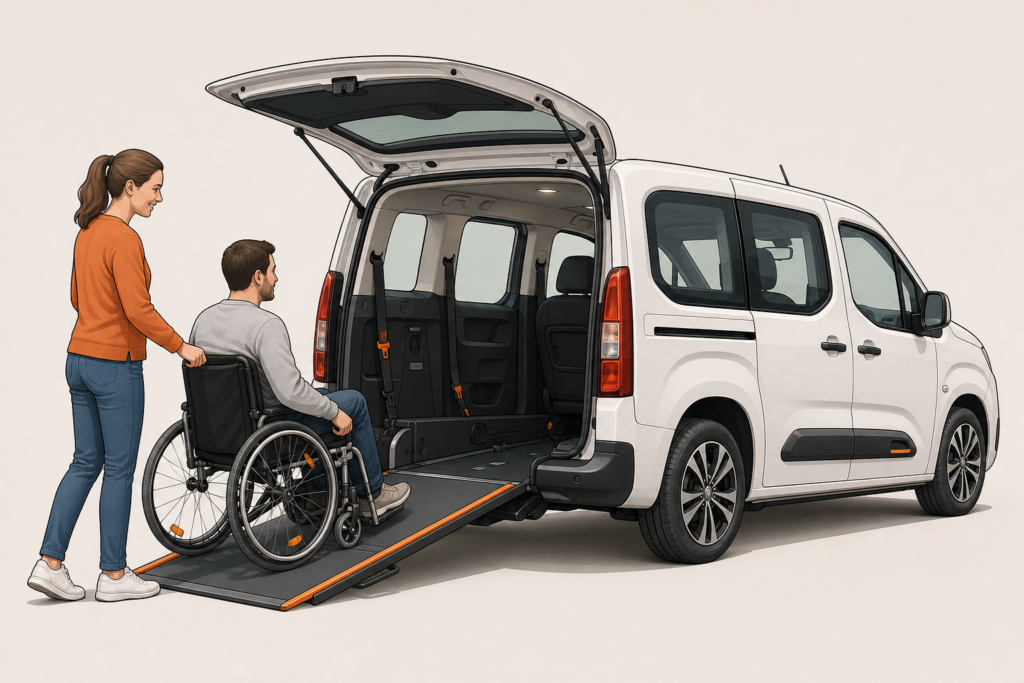Rollstuhlfahrer fährt mit Begleitperson über die Heckrampe in ein rollstuhlgerechtes Auto